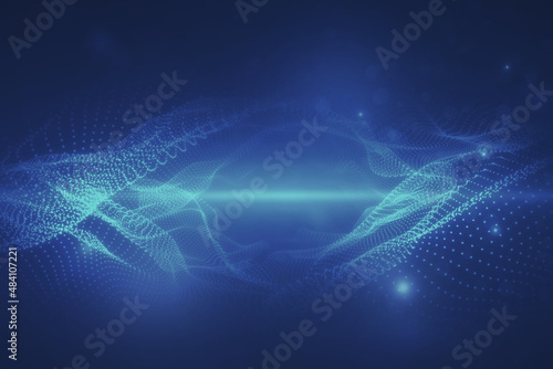 Creative digital blue wave interface on blurry wallpaper. Technology and AI concept. 3D Rendering.