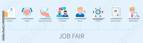 Job fair concept with icons. Resume, hiring, value proposition, interview, skills, occupational choice, qualification, recruitment. Business concept. Web vector infographic in 3D style