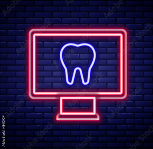 Glowing neon line Online dental care icon isolated on brick wall background. Dental service information call center. Colorful outline concept. Vector