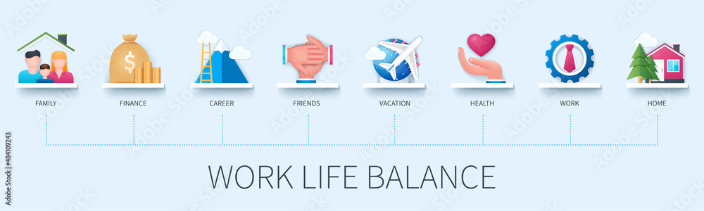 Work Life Balance concept with icons. Family, finance, career, friends ...