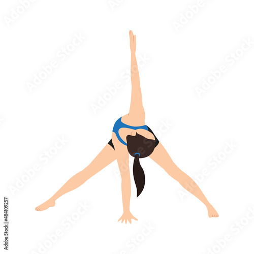 Woman doing wide legged forward bend twist pose parivrtta prasarita padottanasana exercise. Flat vector illustration isolated on white background