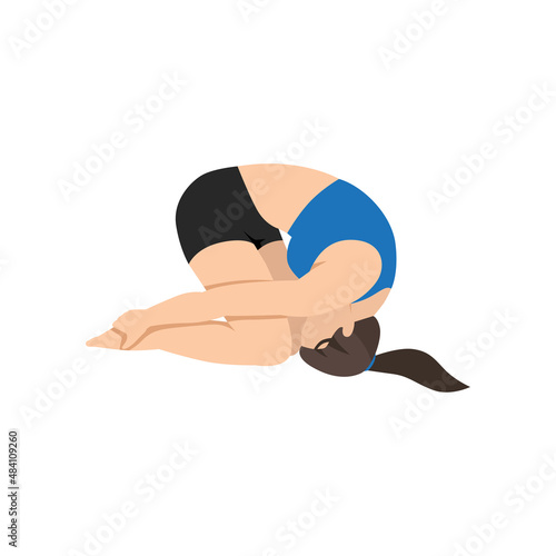 Woman doing rabbit pose sasangasana exercise. Flat vector illustration isolated on white background
