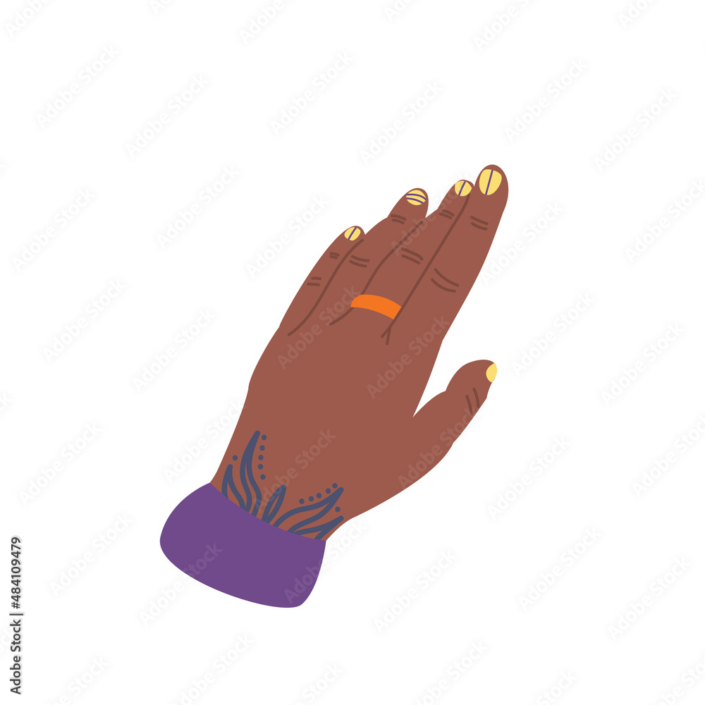 Human african american hand with a bright manicure and tattoo. Cartoon clipart. Contemporary element for your design. Vector illustration hand-drawn on a white isolated background. Human african american hand with a bright manicure and tattoo. Cartoon clipart. Contemporary element for your design. Vector illustration hand-drawn on a white isolated background.