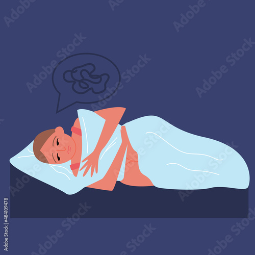 Girl is lying under the blanket, can't sleep. Insomnia. A sleepy woman is tormented by thoughts in bed. Vector illustration on a blue isolated background. Cartoon clipart.