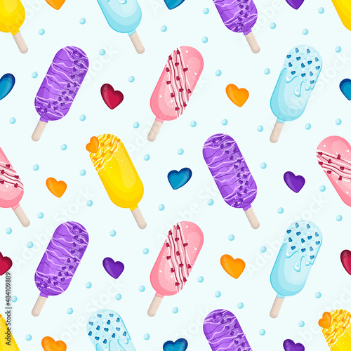 seamless pattern of cute appetizing cakesicles  on a stick for valentine's day with icing, sprinkles and hearts