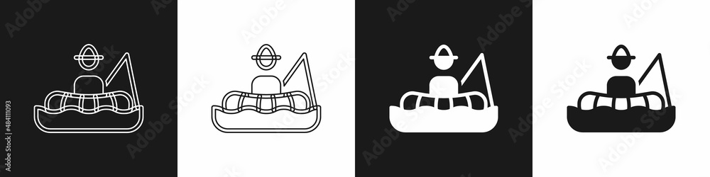 Set Fisherman sitting in a boat and fishing with a rod icon isolated on black and white background. Vector Set Fisherman sitting in a boat and fishing with a rod icon isolated on black and white background. Vector