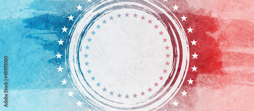 USA colors, stars and round stripes abstract grunge banner design. Independence Day modern background. Concept american flag. Vector illustration