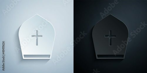 Paper cut Pope hat icon isolated on grey and black background. Christian hat sign. Paper art style. Vector