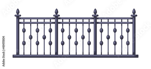 Black metal fence with decorative peaks. Blacksmith fencing, railing. Wrought iron handrail. Balcony and terrace rail design. Realistic flat vector illustration isolated on white background
