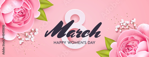 Postcard  for International Women's Day (March 8). Number 8 with roses and branches of gypsophila on a pink background.