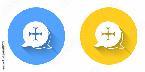 White Crusade icon isolated with long shadow background. Circle button. Vector