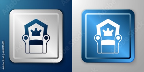 White Medieval throne icon isolated on blue and grey background. Silver and blue square button. Vector