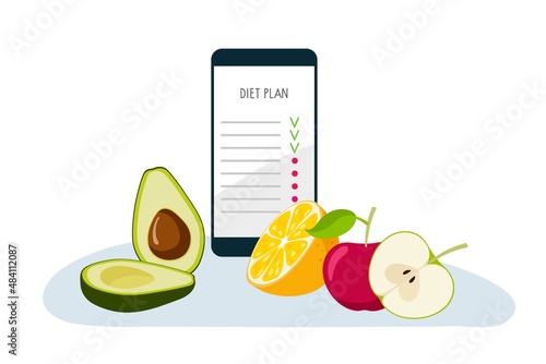 Smartphone diet plan. Abstract smartphone interface with list. Checklist on screen. Fresh fruit on table. Vector flat illustration isolated on white background. Diet plan concept. Web mobile design.