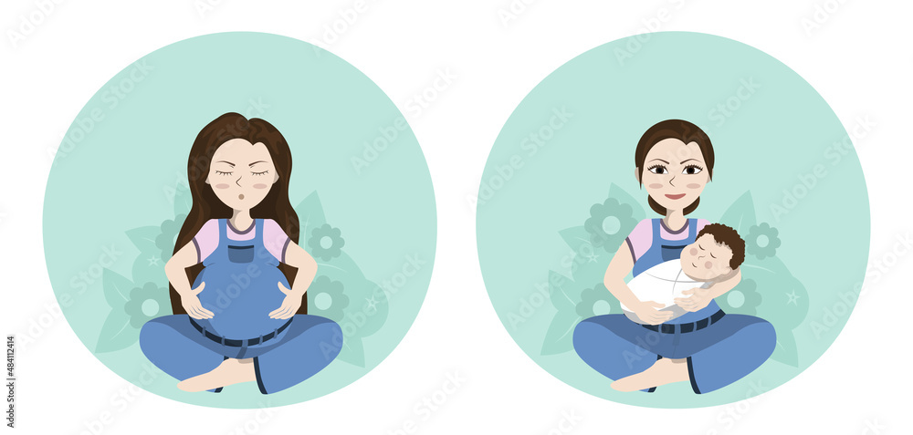 Pregnant woman meditating in the lotus position and young woman with a baby boy in her arms in a lotus position on the abstract background with flowers and leaves 