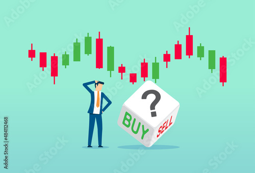 Rolling dice with buy or sell, crypto currency, investment decision in volatile stock market, thinking investor on graph