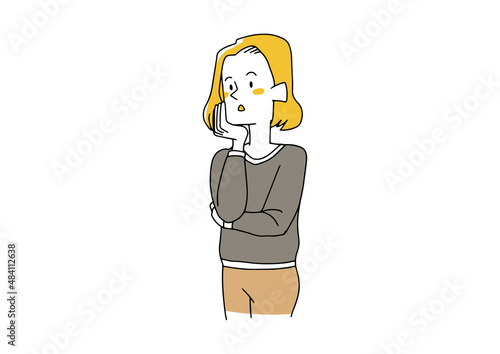 横に注目している若いビジネスウーマン　コミカルな手書きの人物イラスト　ベクター線画にシンプルな色つけ