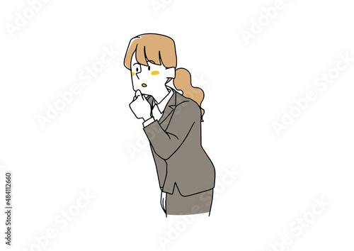 横に注目している若いビジネスウーマン　コミカルな手書きの人物イラスト　ベクター線画にシンプルな色つけ