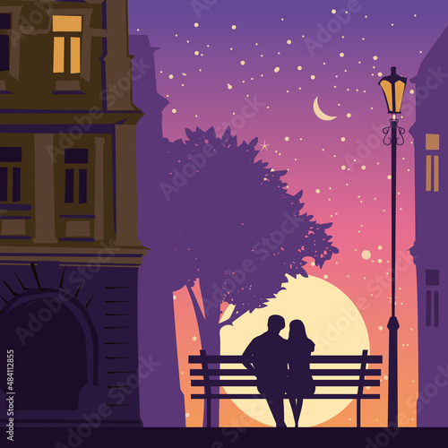 Romantic Couple lovers on bench in the city, under tree, buildings, lantern. Sunset, night, stars. Vector Happy Valentines Day illustration, silhouette