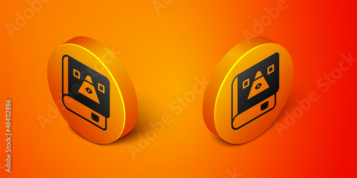 Isometric Ancient magic book with alchemy recipes and mystic spells and enchantments icon isolated on orange background. Orange circle button. Vector
