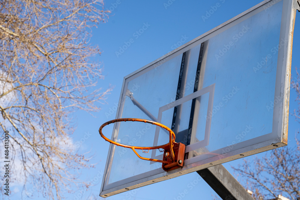 Street basketball hoop. Urban youth game.  Concept of success, scoring points and winning.