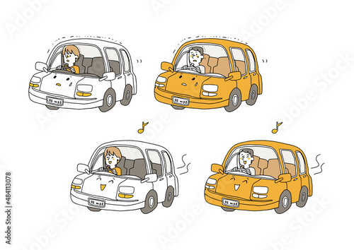 車の運転をしている人物のセット　不安と安心　コミカルな手書きの人物イラスト　ベクター線画
