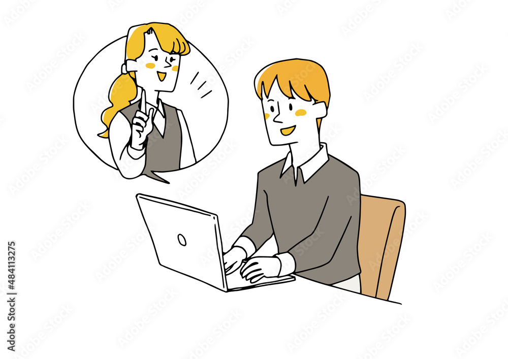パソコンのチャットやメールでオペレーターとやりとりしている男性 コミカルな手書きの人物イラスト パソコンのチャットやメールでオペレーターとやりとりしている男性 コミカルな手書きの人物イラスト