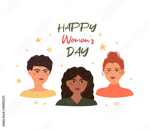 Happy Women's Day, International Women's Day, girls of different nationalities, flat style