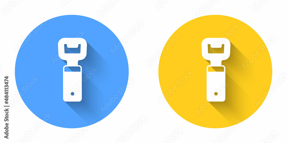 White Bottle opener icon isolated with long shadow background. Circle button. Vector White Bottle opener icon isolated with long shadow background. Circle button. Vector