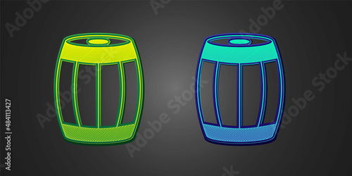 Green and blue Wooden barrel icon isolated on black background. Alcohol barrel, drink container, wooden keg for beer, whiskey, wine. Vector