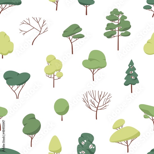 Seamless pattern with forest trees. Endless background design with mix wood p...