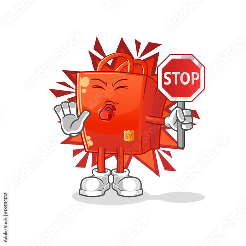 shopping bag holding stop sign. cartoon mascot vector