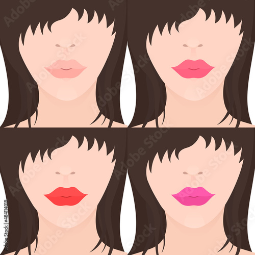 illustration of a brunette girl with plump lips and different lip colors