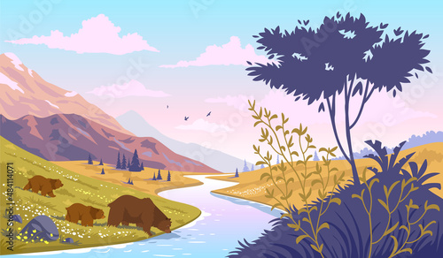 bears by the river sunset