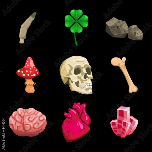 Witchcraft set magic object scull, heart, crystal, clover, mushroom, brain, bone. Vector illustration cartoon style