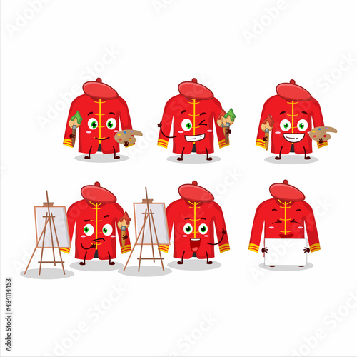 Artistic Artist of red chinese traditional costume cartoon character painting with a brush