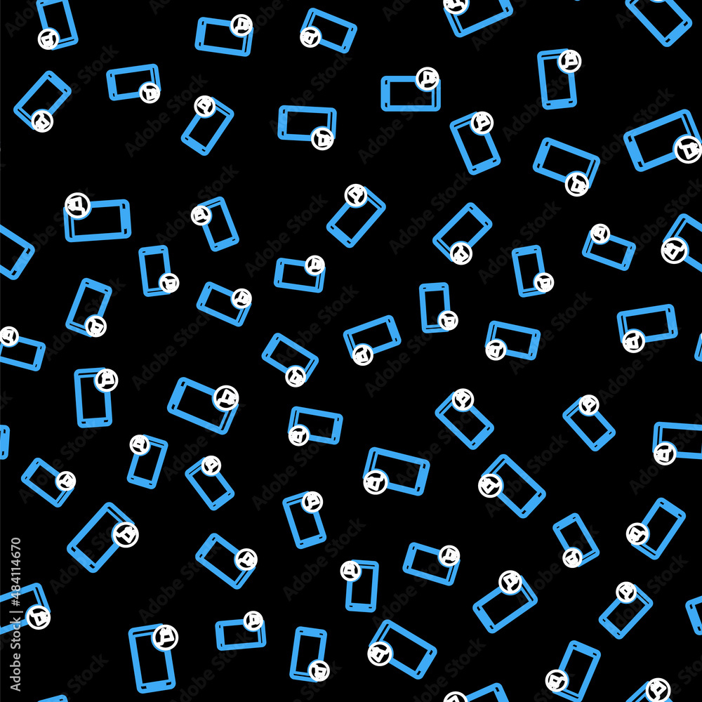 Line Mobile phone and shopping cart icon isolated seamless pattern on black background. Online buying symbol. Supermarket basket symbol. Vector Line Mobile phone and shopping cart icon isolated seamless pattern on black background. Online buying symbol. Supermarket basket symbol. Vector