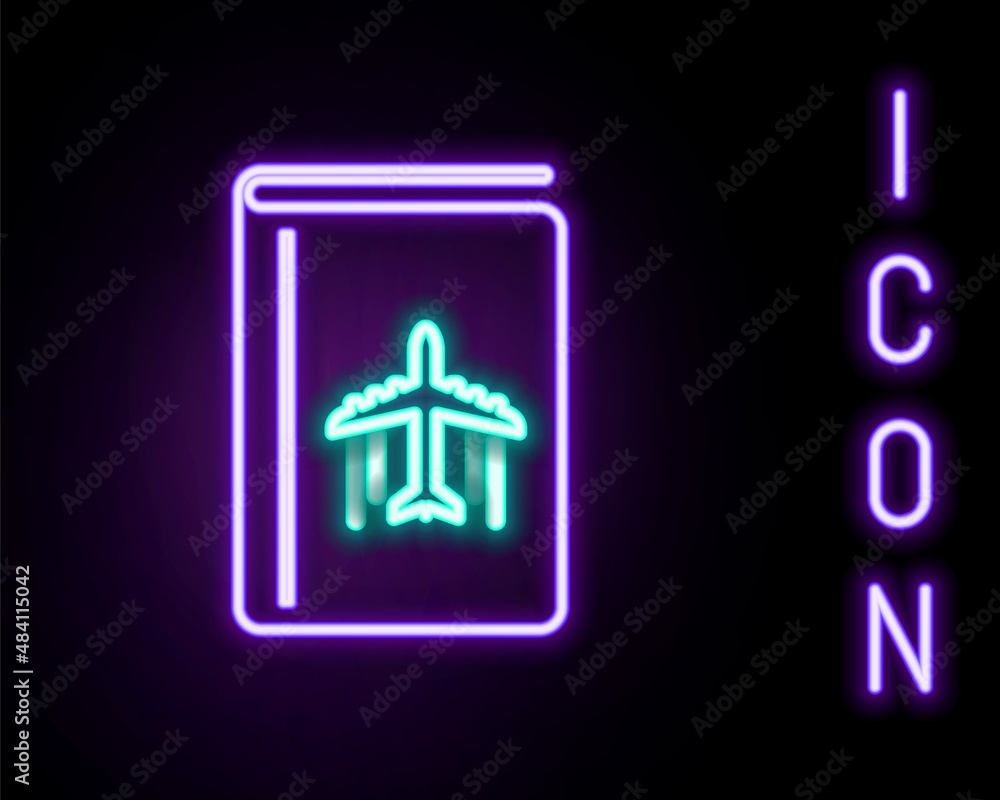 Glowing neon line Cover book travel guide icon isolated on black background. Colorful outline concept. Vector Glowing neon line Cover book travel guide icon isolated on black background. Colorful outline concept. Vector