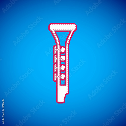 White Clarinet icon isolated on blue background. Musical instrument. Vector