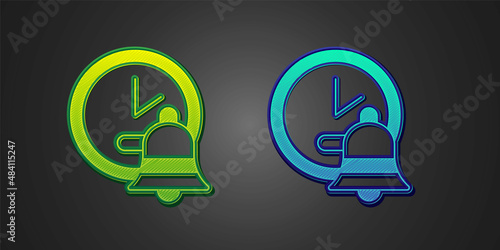 Green and blue Alarm clock icon isolated on black background. Wake up, get up concept. Time sign. Vector