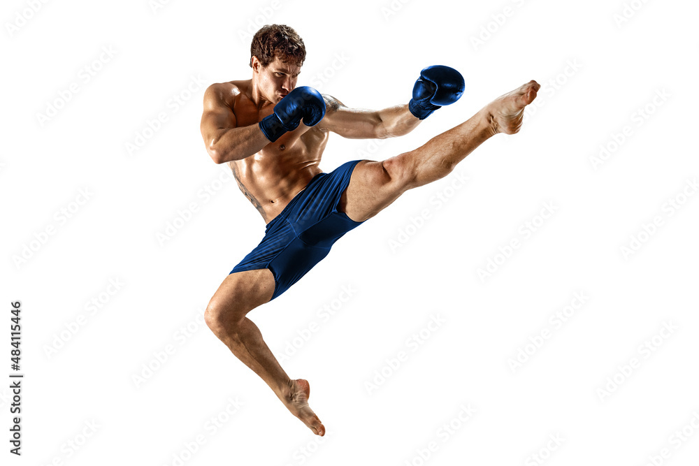 Full size of athlete boxer who perform muay thai martial arts on white background. Sport concept Full size of athlete boxer who perform muay thai martial arts on white background. Sport concept