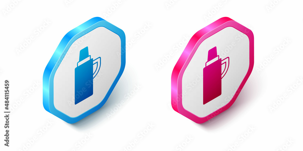 Isometric Thermos container icon isolated on white background. Thermo flask icon. Camping and hiking equipment. Hexagon button. Vector Isometric Thermos container icon isolated on white background. Thermo flask icon. Camping and hiking equipment. Hexagon button. Vector