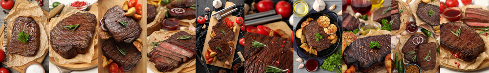 Photo collage of tasty food compositions with beef steak Photo collage of tasty food compositions with beef steak