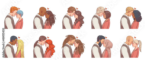 Loving couples of different races. 10 separate illustrations of couples in love, in jpeg format. Couples in love. Lovers of postcards for Valentine's Day. Multicolored couple in love.