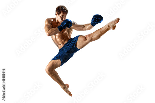 Full size of athlete boxer who perform muay thai martial arts on white background. Sport concept