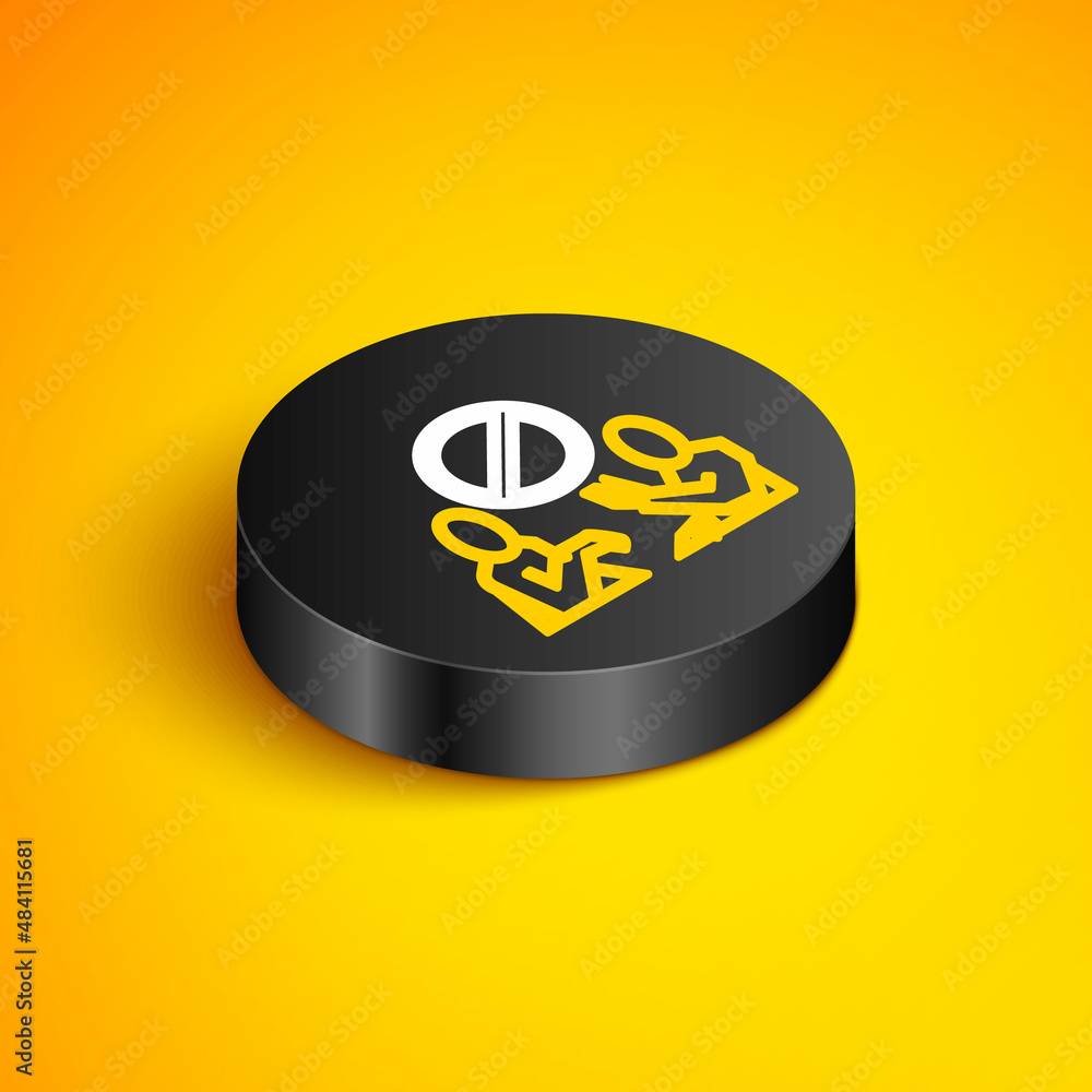 Isometric line Stop plastic pollution icon isolated on yellow background. Ecological poster. Black circle button. Vector