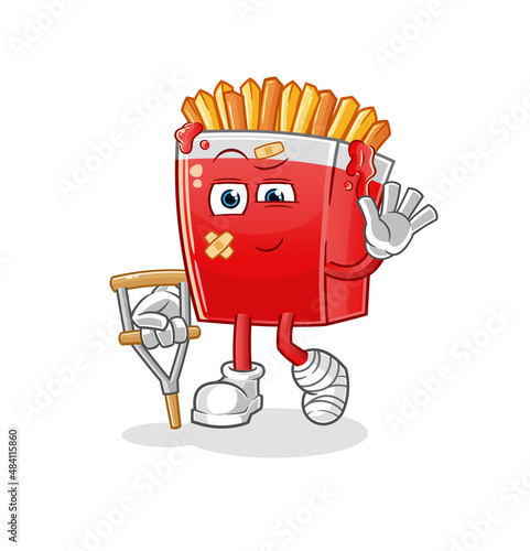 French fries sick with limping stick. cartoon mascot vector