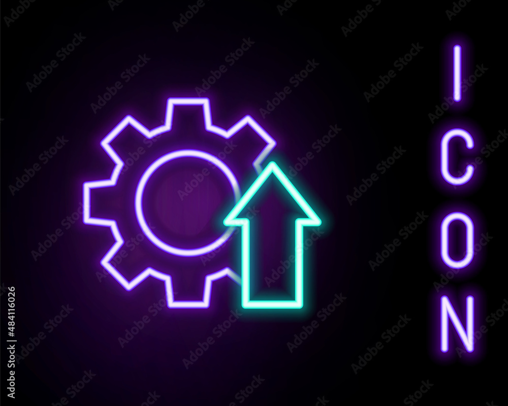 Glowing neon line Arrow growth gear business icon isolated on black background. Productivity icon. Colorful outline concept. Vector Glowing neon line Arrow growth gear business icon isolated on black background. Productivity icon. Colorful outline concept. Vector