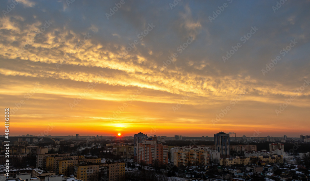 Colorful panoramic sky during sunrise and sunset. beautiful clouds over the city