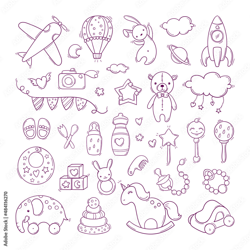 Fototapeta premium Set of hand drawn baby toys in doodle style isolated on white background