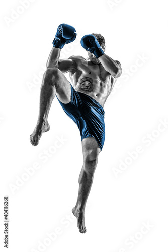 Full size of kickboxer in blue sportswear on white background. muscular athlete fighting. Silhouette